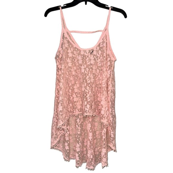 POOF Tops - POOF Lace Strappy Camisole Scoop Neck Sheer Top Size S Pink High-Lo Swing